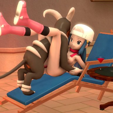 3d, animal genitalia, animated, beanie, bestiality, black legwear, black socks, blue eyes, blue hair, boots, breasts, canine, dawn (pokemon), devilscry, duo