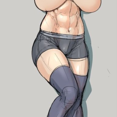 10s, abs, bike shorts, breasts, commentary, eyepatch, female, kantai collection, large breasts, mikoyan, muscle, muscular female, nipples, puffy nipples, sharp teeth