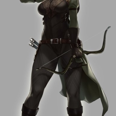 arrow, ass visible through thighs, belt, black footwear, black gloves, black legwear, blonde hair, boots, bow (weapon), braid, breasts, female, female only, full body, full length