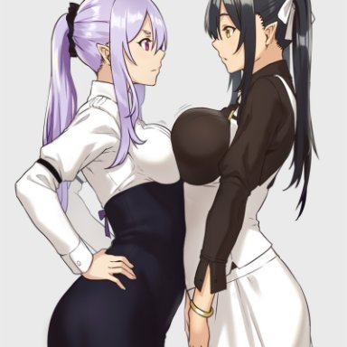 2girls, bangle, black hair, black shirt, black skirt, bouncing breasts, bracelet, breast press, breasts, collared shirt, elf, eye contact, female, female only, from side