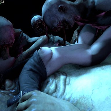 2015, 3d, animated, bottomless, breasts, capcom, extreme french kiss, fangs, gangbang, group sex, interspecies, kissing, long tongue, missionary, moira burton