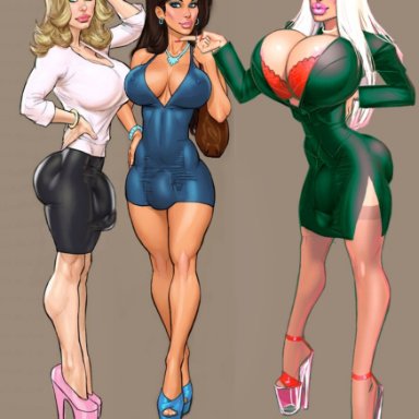 3girls, bangs, big ass, big breasts, big lips, big penis, bimbo, black hair, blonde hair, blue dress, blue eyes, bra, bracelet, bulge, dress