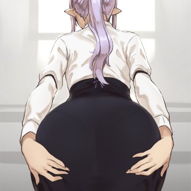 ass, back, elf, female, female only, from behind, high-waist skirt, houtengeki, indoors, juliet sleeves, long hair, long skirt, long sleeves, original, pantylines