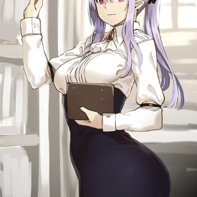 ascot, ass, book, bookshelf, breasts, dress, dress shirt, elf, female, female only, from side, high-waist skirt, houtengeki, indoors, jewelry