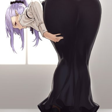 ass, bent over, black skirt, closed, elf, female, female only, from behind, full body, hair ornament, high-waist skirt, houtengeki, indoors, juliet sleeves, long hair