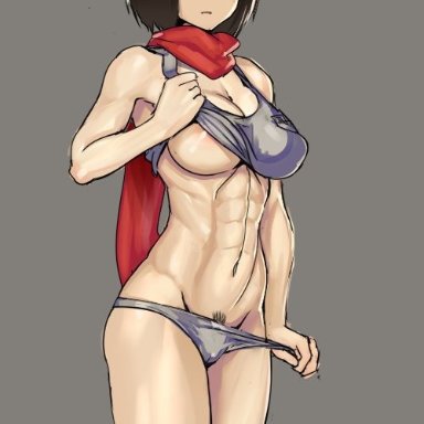 1girl, abs, asian, attack on titan, breasts, cameltoe, cleavage, female, female only, mikasa ackerman, muscles, muscular female, nisetanaqa, panties, pubic hair
