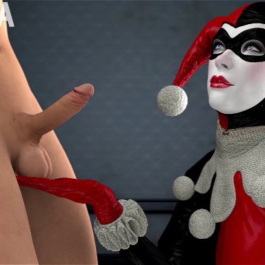 3d, animated, blue eyes, caressing testicles, cum, cumshot, dc, erection, female, femdom, harley quinn, male, no sound, penis, redmoa