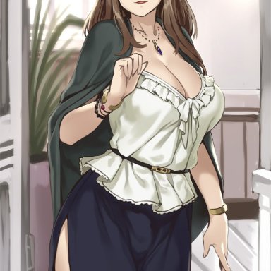 bangs, beads, belt, blouse, bracelet, breasts, brown hair, cape, cleavage, elf, female, female only, frills, glasses, green eyes