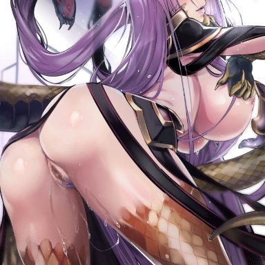 ass, bent over, blush, breasts, fate (series), fate/grand order, female, fluid, gauntlets, gorgon (fate), hijiri, huge breasts, lips, long hair, looking at viewer