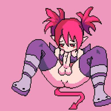 animated, autofellatio, blush, cum, cum in mouth, demon, demon girl, dickgirl, disgaea, etna, fellatio, female, futa, futanari, lowres