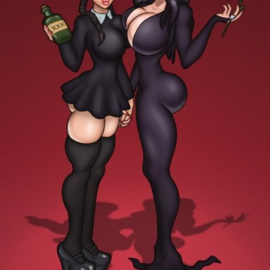 2girls, alcohol, big ass, big breasts, big lips, bimbo, black hair, brown eyes, busty, cleavage, daughter, goth, hand holding, high heels, hourglass figure