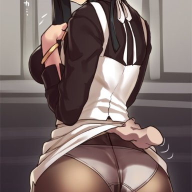 ass, black hair, black legwear, blush, bracelet, breats, crotch seam, female, female only, hair ribbon, houtengeki, jewelry, large breasts, long hair, looking at viewer