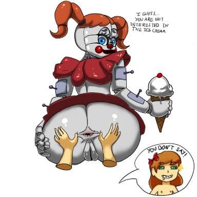 2017, 5 fingers, animatronic, anus, ass, baby (fnafsl), big butt, breasts, cleavage, clothed, clothing, female, five nights at freddy's, green eyes, hair