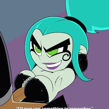 animated, blue hair, breasts, danny fenton, danny phantom, ember mclain, green eyes, paizuri, smile, text, theboogie, tit fuck