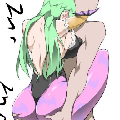 1boy, ass, ass grab, bare shoulders, breasts, censored, clothed female nude male, clothed sex, cum, darkstalkers, demon girl, female, from behind, green hair, highres