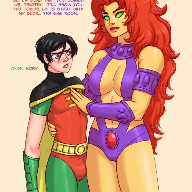 1boy, 1girl, age difference, batman (series), cleavage, dc, flick, fondling, green eyes, koriand'r, robin, size difference, starfire, tamaranean, teen titans