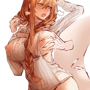 arm up, between breasts, blonde hair, blush, bottomless, braid, breast grab, breasts, cowboy shot, cum, cum in pussy, disembodied limb, female, full-face blush, girls frontline