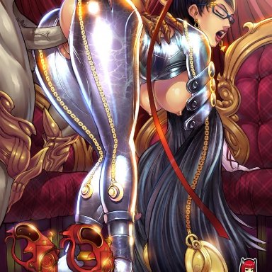 areola, ass, bayonetta, bayonetta (character), bent over, black hair, breasts, busty, candles, cleavage, dat ass, doggy style, female, glasses, gold