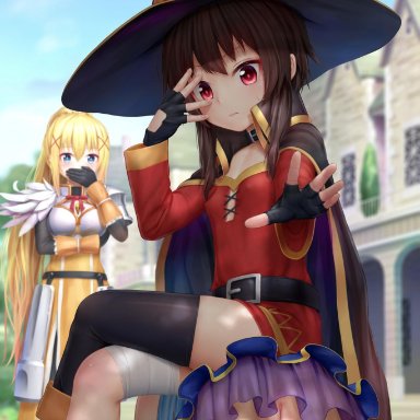 + +, 3girls, aki99, aqua (konosuba), ass, belt, belt collar, blonde hair, blue hair, blurry, blush, boots, breasts, breasts outside, brown hair