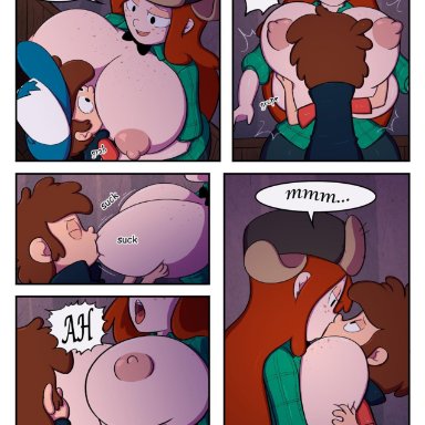 1boy, age difference, big breasts, breasts, dipper pines, female, freckles, garabatoz, gigantic breasts, gravity falls, huge breasts, jeans, kissing, nipples, nude