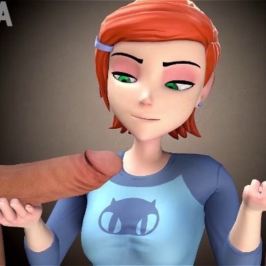 3d, animated, clothed female nude male, cum, erection, green eyes, gwen tennyson, handjob, huge penis, orange hair, penis, premature ejaculation, redmoa, ruined orgasm, small penis