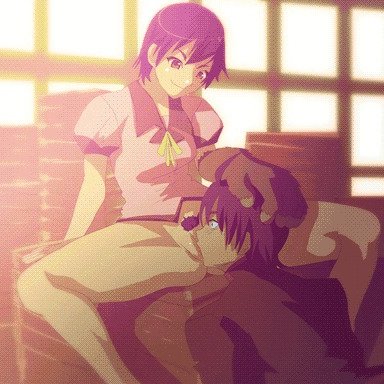 1boy, animated, araragi koyomi, bakemonogatari, black hair, bottomless, cunnilingus, female, hands on another's head, kanbaru suruga, monogatari (series), nenna, nisemonogatari, pubic hair, pussy