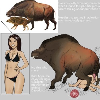 all fours, animal genitalia, bikini, boar, bulge, cum in pussy, cum inside, estanofuego, female, impregnation, interspecies, male, ovum, penis, sex