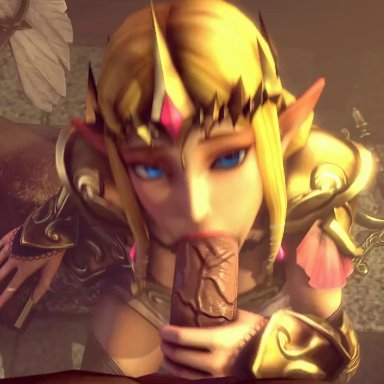 animated, blonde, blue eyes, clothed, elf, fellatio, female, hyrule warriors, male, no sound, pockyinsfm, pov, princess zelda, sound, straight