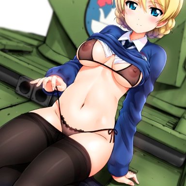 arm support, black bra, black panties, blonde hair, blue eyes, blue sweater, blurry, blush, bra, braid, breasts, breasts apart, closed mouth, commentary request, covered nipples