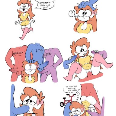 bicycle, blowjob, dialogue, female, gangbang, genderswap, hair ribbon, handjob, humor, miscon, multiple males, oral, owlturd, partially clothed, penis
