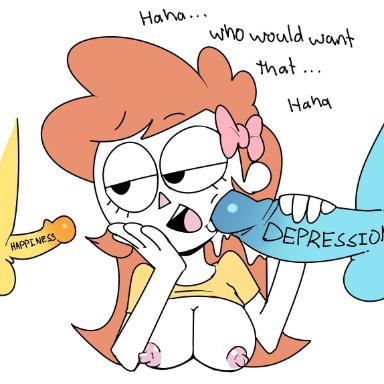 1girl, balls, breasts, cum, cum on face, dialogue, facial, female, genderswap, hair ribbon, handjob, humor, miscon, owlturd, penis