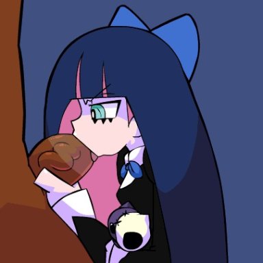 1boy, animated, blue hair, blush, clothed female nude male, dark skinned male, dress, fellatio, female, gothic lolita, interracial, oral, panty &amp; stocking with garterbelt, penis, sex