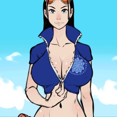 1girl, animated, animated gif, areolae, breasts, cleavage, exhibitionism, female, female only, huge breasts, izra, looking at viewer, nico robin, nipples, one piece