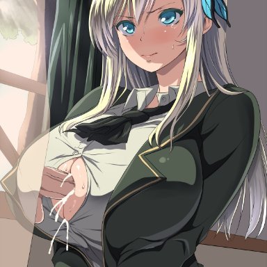 10s, 1boy, aqua eyes, blonde hair, blue eyes, blush, boku wa tomodachi ga sukunai, breasts, bursting breasts, butterfly, butterfly hair ornament, center opening, clothed sex, cum, cum on body