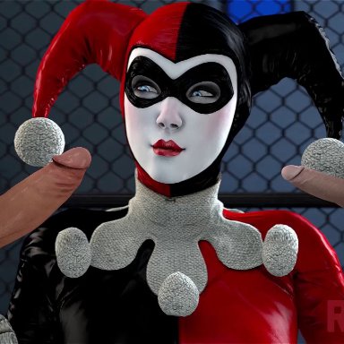 3d, animated, blue eyes, chastity cage, cum, cum in mouth, dc, fellatio, female, harley quinn, male, no sound, penis kiss, redmoa, small penis