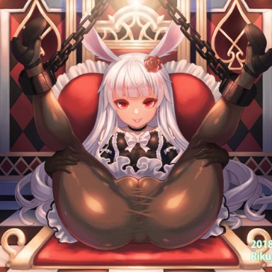 2018, animal ears, artist name, ass, bare shoulders, black dress, black gloves, black legwear, breasts, bunny ears, cameltoe, chains, chair, covered anus, cuffs