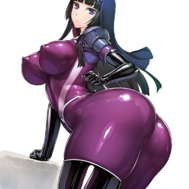 ass, black hair, bodysuit, boots, breasts, curvy, elbow gloves, erect nipples, female, gloves, habit, hips, huge ass, kamori sayaka, large breasts