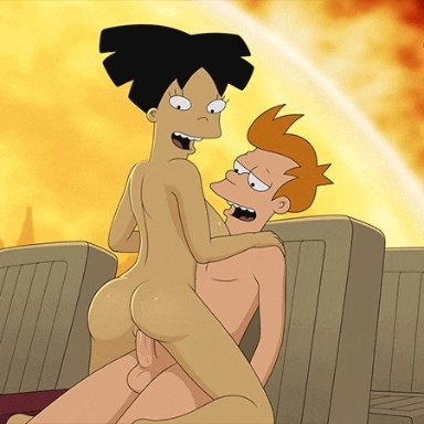 amy wong, animated, anus, ass, balls, black hair, car, car sex, cowgirl position, fire, futurama, orange hair, penis, philip j fry, sex