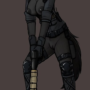 anthro, big breasts, black fur, black nipples, black pussy, breasts, canine, caveira, clothed, clothing, female, fur, gun, hair, handgun