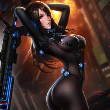 arms behind head, arms up, ass, black bodysuit, black hair, breasts, brown eyes, female, female only, gantz, gun, hands behind head, liang xing, looking at viewer, parted lips