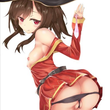 ass, bandage, bandaged leg, bangs, bare shoulders, belt, bent over, black legwear, breasts, brown hair, condom, dress, eyebrows visible through hair, female, hat