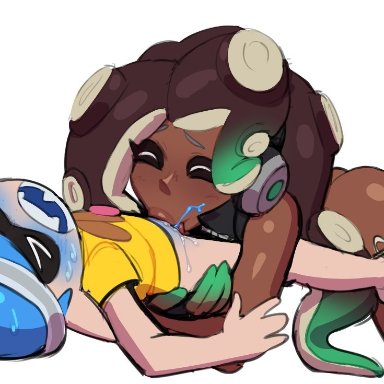 ass, balls deep, blush, cum in mouth, dark skin, inkling, marina (splatoon), nintendo, no pants, noill, octoling, oral, size difference, splatoon, splatoon 2