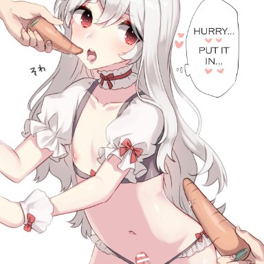 :o, 3boys, animal ears, arched back, areolae, bangs, bar censor, bow, bow panties, breastless clothes, bulge, bunny boy, bunny ears, carrot, censored