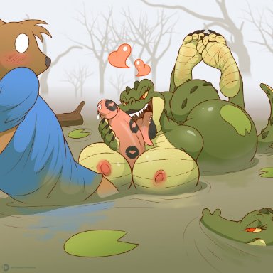 4 toes, anthro, ass, big breasts, big butt, big penis, blush, breasts, claws, clothing, crocodile, crocodilian, erection, eyelashes, feet