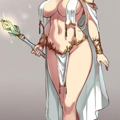 blonde hair, bracelet, breasts, brooch, elf, female, full body, green eyes, highres, houtengeki, jewelry, large breasts, loincloth, looking at viewer, navel