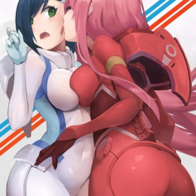 2018, 2girls, absurdres, artist request, ass, blue eyes, blue hair, bodysuit, breast press, breasts, covered navel, curvy, darling in the franxx, dated, green eyes