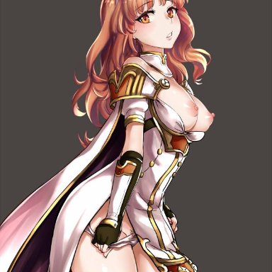 armor, bangs, bare shoulders, black gloves, black legwear, bow, bow panties, breasts, breasts outside, cape, celica (fire emblem), detached collar, dress, female, fingerless gloves