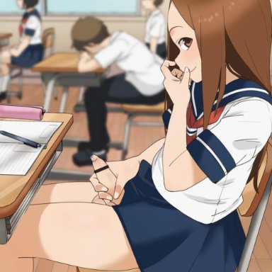 2boys, 2girls, brown hair, censored, flaccid, foreskin, futanari, karakai jouzu no takagi-san, long hair, looking at viewer, multiple boys, multiple girls, penis, skirt, smile