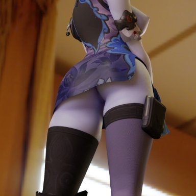 alternate costume, amelie lacroix, arhoangel, ass, black lily, black lily widowmaker, booty, breasts, butt, looking at viewer, looking over shoulder, oppai, overwatch, stockings, thigh highs