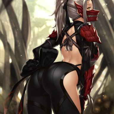 arched back, armor, ass, back, back cutout, bow, bracer, bracers, breasts, dat ass, female, female only, from behind, hairbow, hand on hip